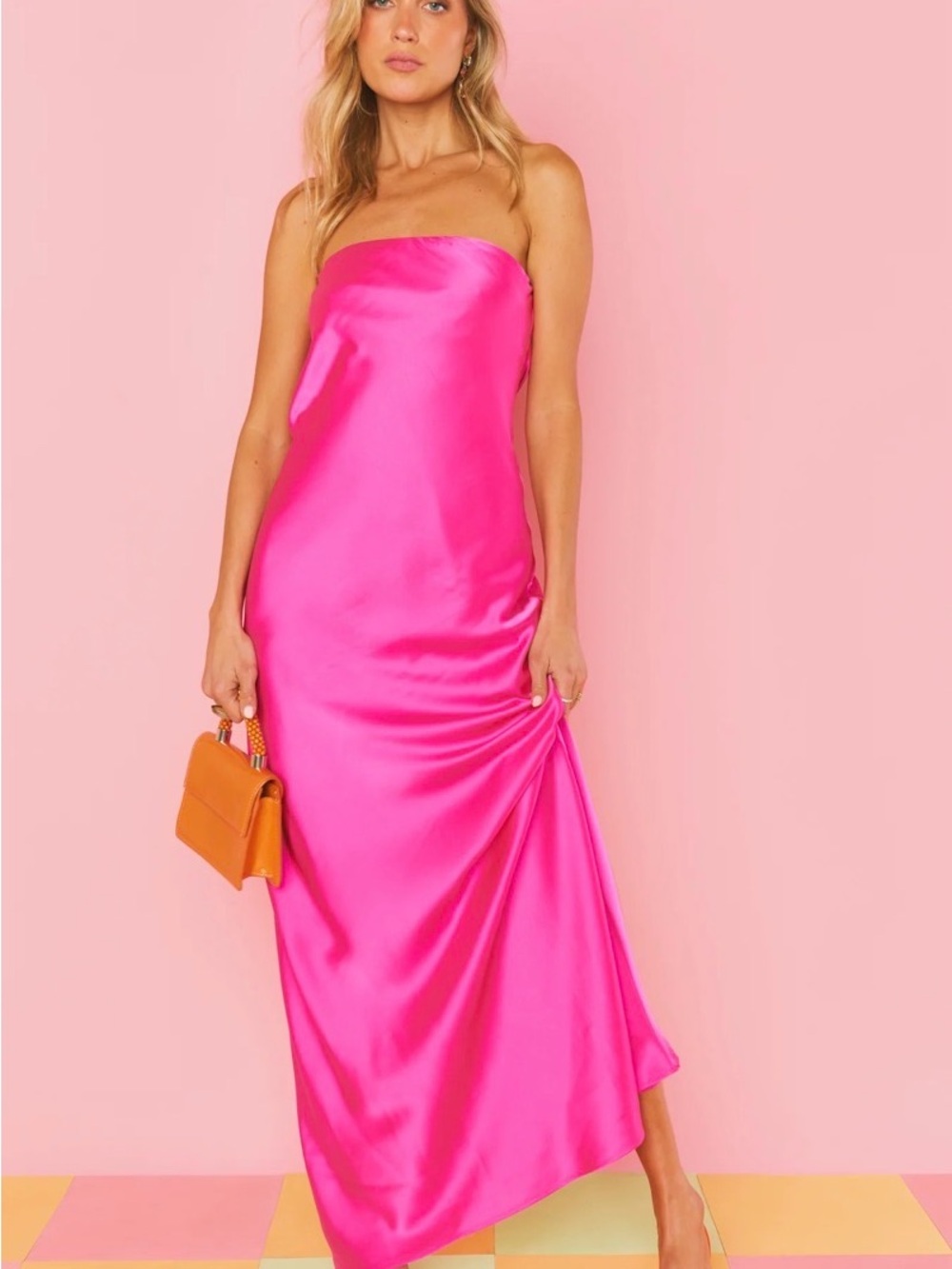 Show Me Your MuMu Taylor Tube Satin Maxi Dress in Fuchsia Pink